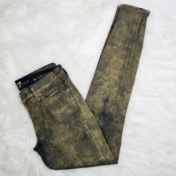 7FAM 7 For All Mankind Womens Size 27 Floral Print Skinny Jeans in Gold Metallic - Picture 1 of 7